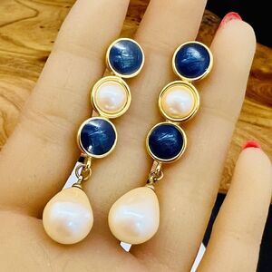 Vintage Monet Stunning Pearl Green Enamel Dangle Drop Large Earrings PRETTY 1469